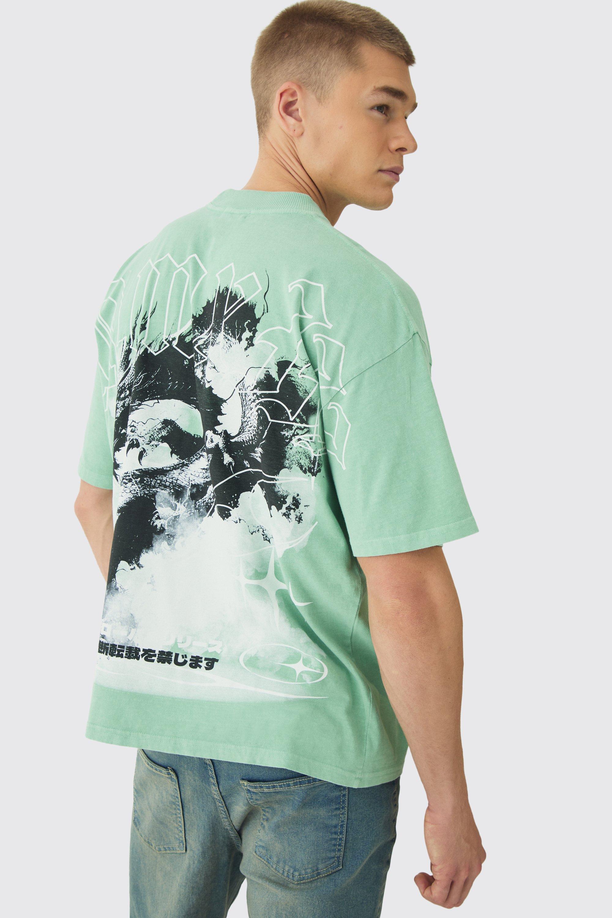 Mens Oversized Over Seams Extended Neck Dragon Wash Print T-Shirt - Blue Product Image