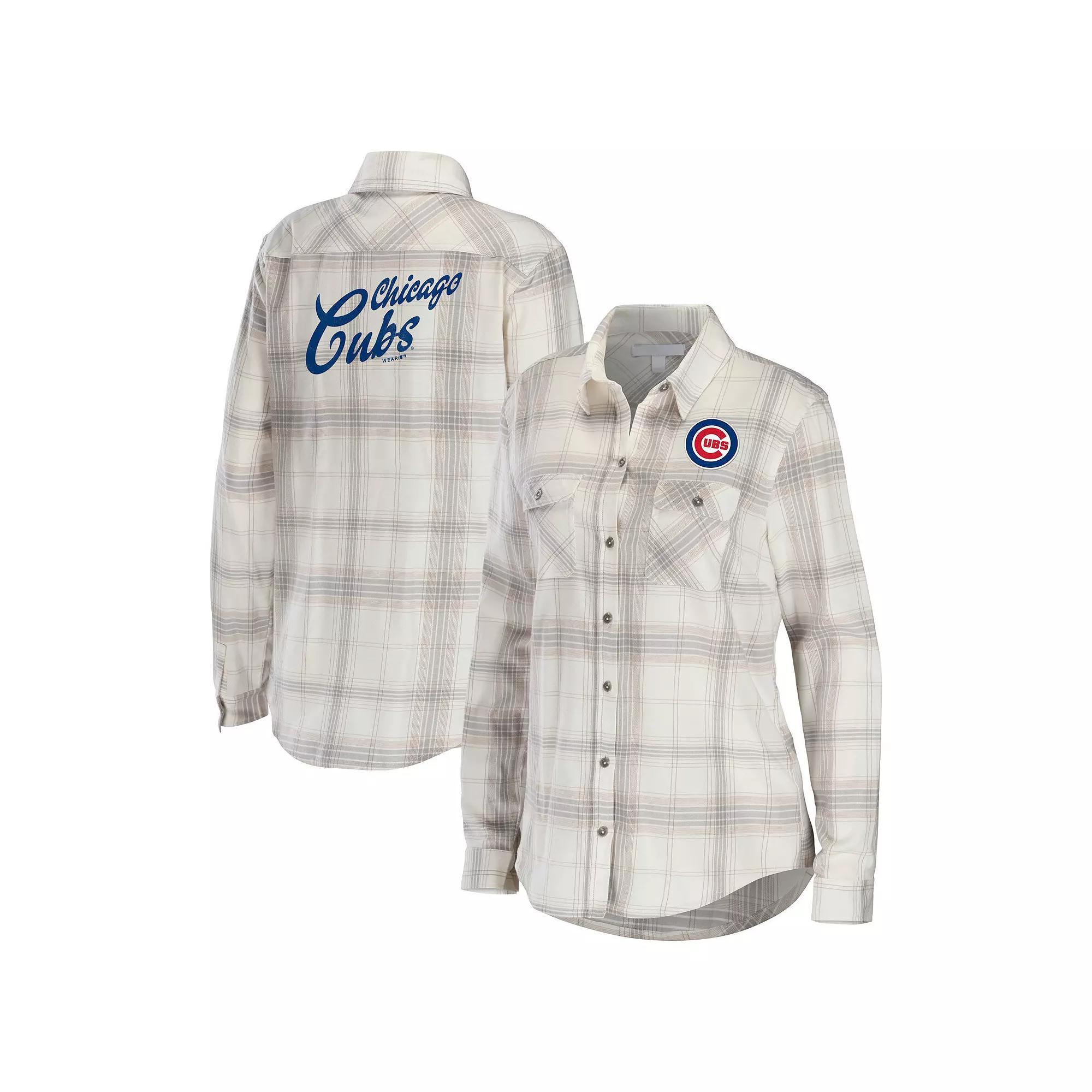 Women's WEAR by Erin Andrews Gray/Cream Chicago Cubs Flannel Button-Up Shirt, Size: Medium, Grey Product Image