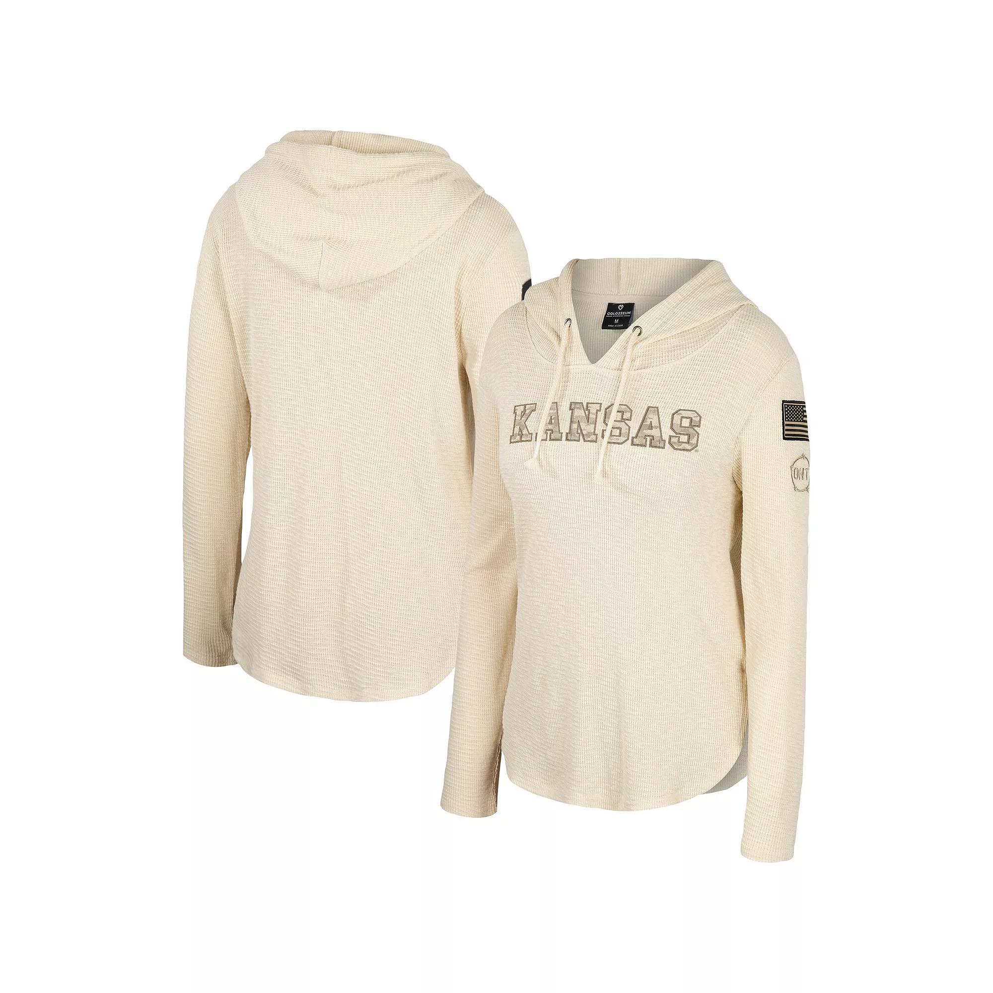 Women's Colosseum Cream Kansas Jayhawks OHT Military Appreciation Casey Raglan Long Sleeve Hoodie T-Shirt, Size: Small, Beige Product Image