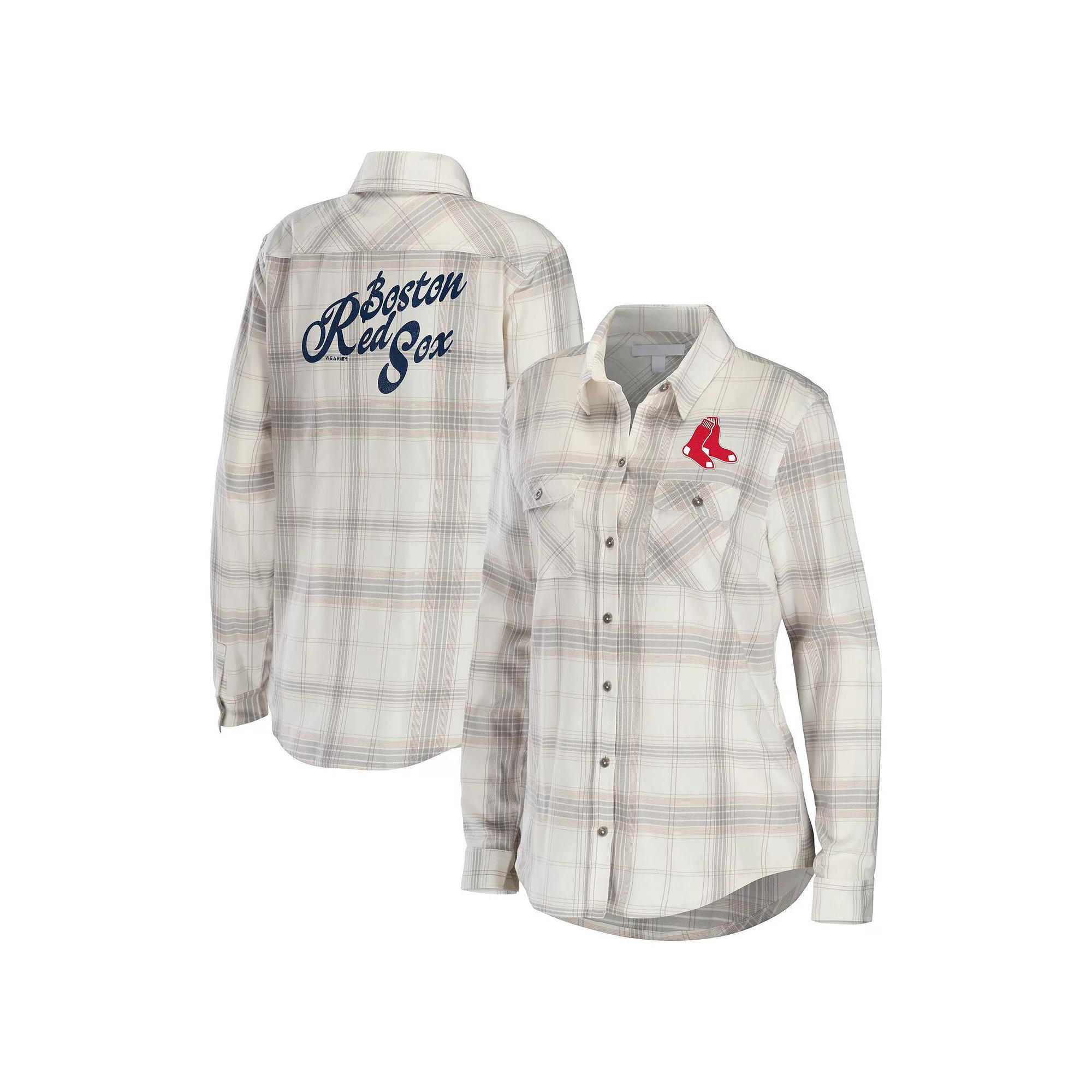 Women's WEAR by Erin Andrews Gray/Cream Boston Red Sox Flannel Button-Up Shirt, Size: Small, Grey Product Image