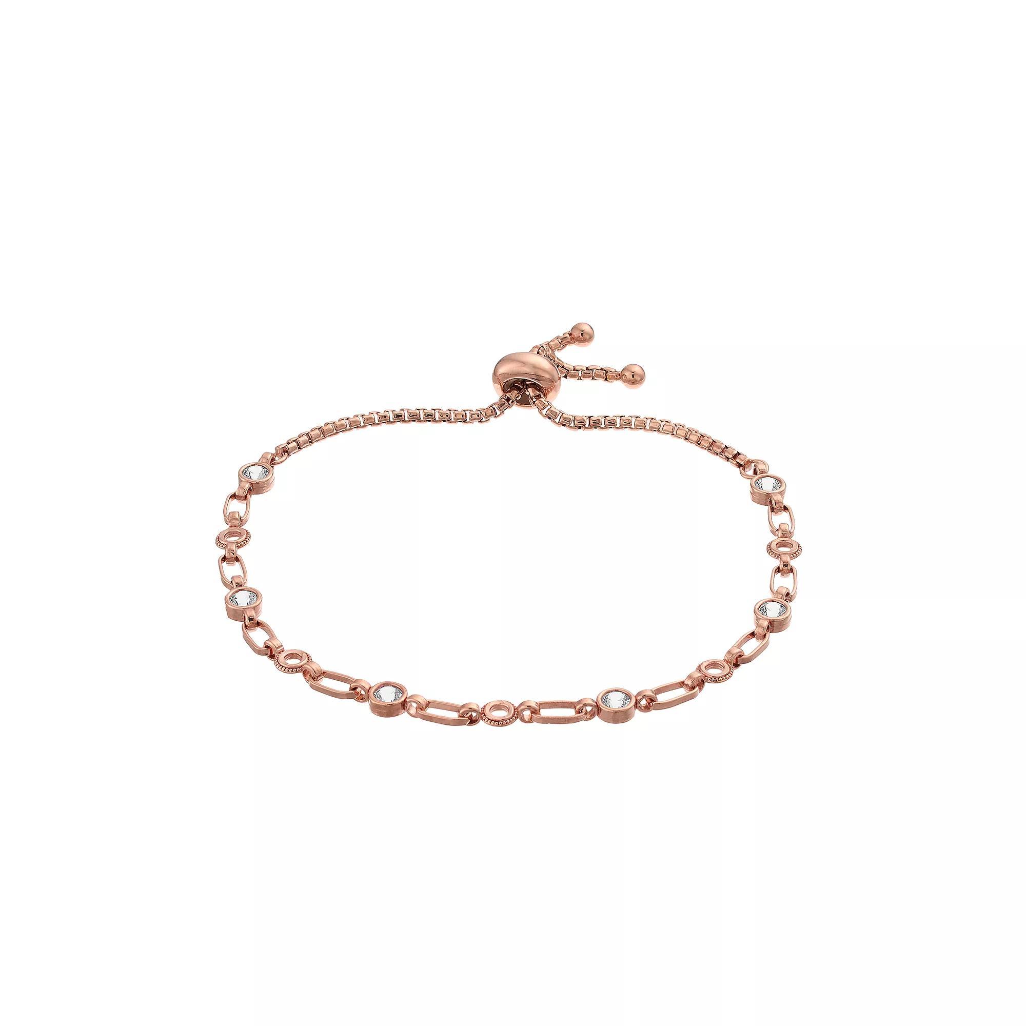 Kristen Kesho Sterling Silver Lab-Created White Sapphire & Circle Link Adjustable Bolo Bracelet, Women's, Size: 9.50, Pink Tone Product Image