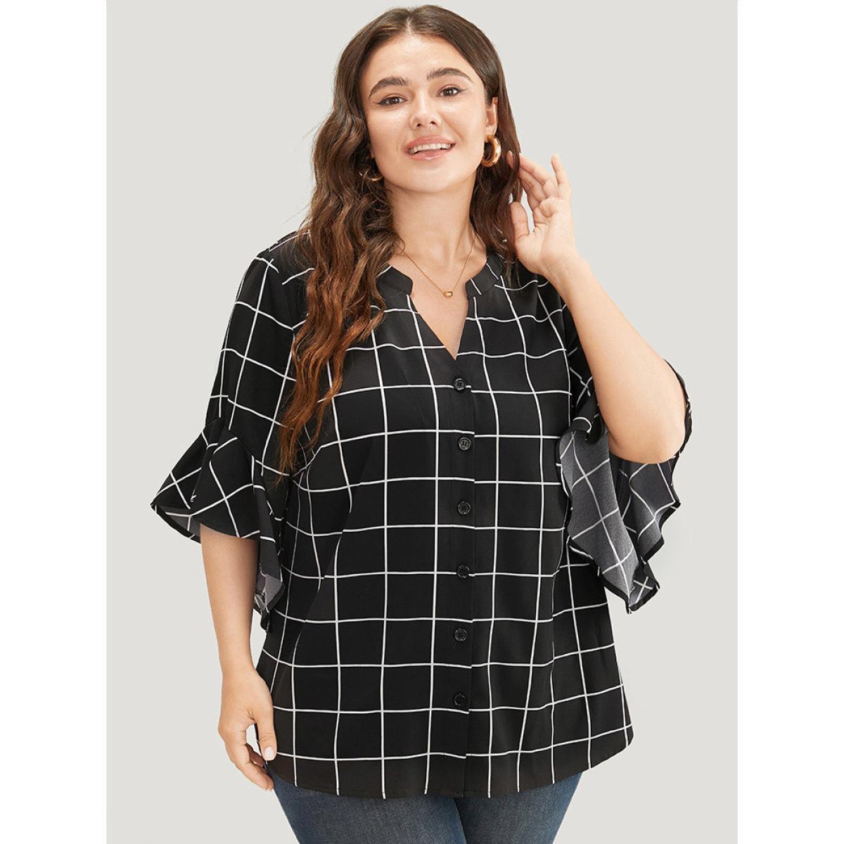 Plus Size Black Plaid Notched Button Up Ruffle Sleeve Split Hem Blouse Women Office Elbow-length sleeve Notched collar Work Blouses BloomChic 12/L Product Image
