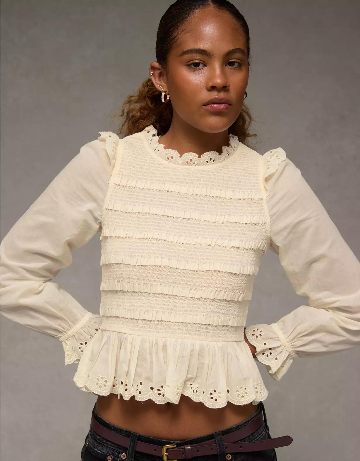 AE Long Sleeve Smocked Babydoll Blouse Product Image
