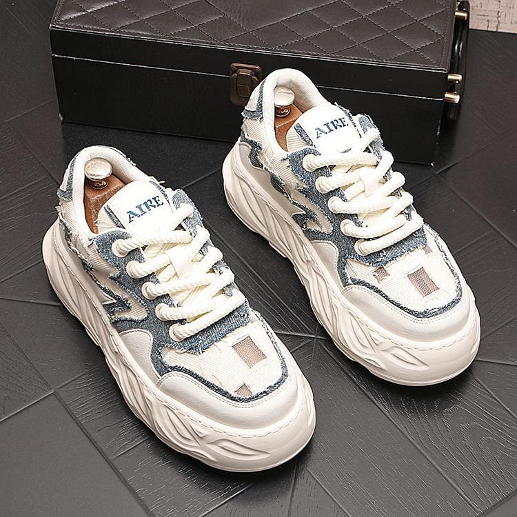 Patchwork Distressed Lace-Up Platform Sneakers Product Image