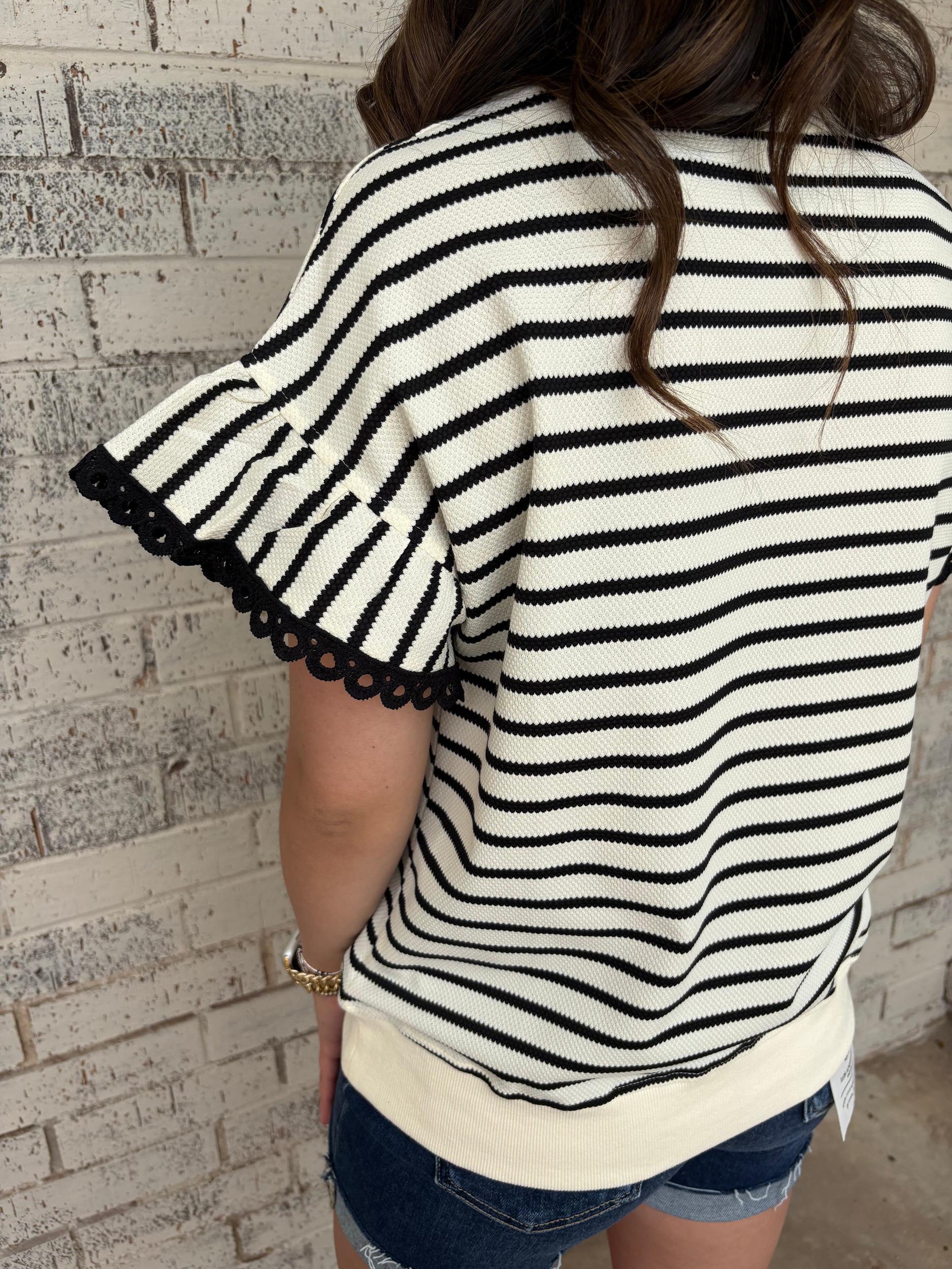 Black Stripe Scallop Lace Trim Ruffle Crewneck Top Product Image