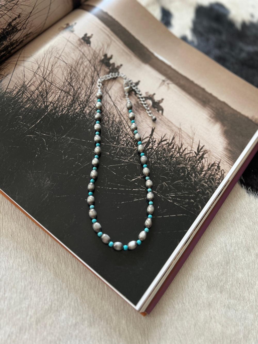 Navajo Inspired Silver and Turquoise Patterned Beaded Necklace Product Image