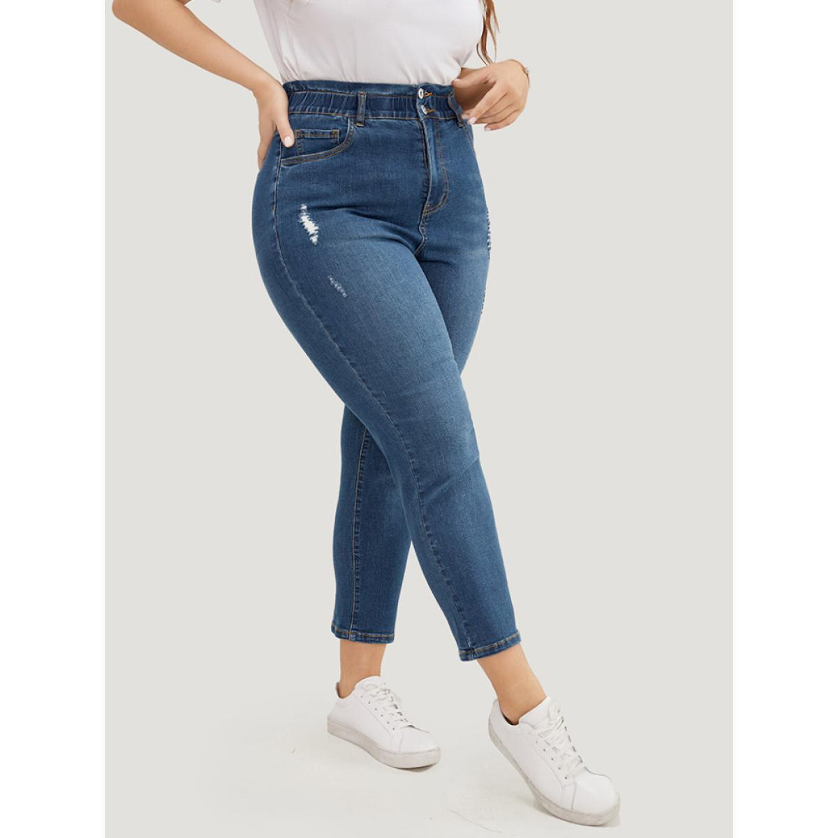 Plus Size Very Stretchy High Rise Medium Wash Ripped Jeans Women Indigo Casual Plain High stretch Pocket Jeans BloomChic 26/4X Product Image