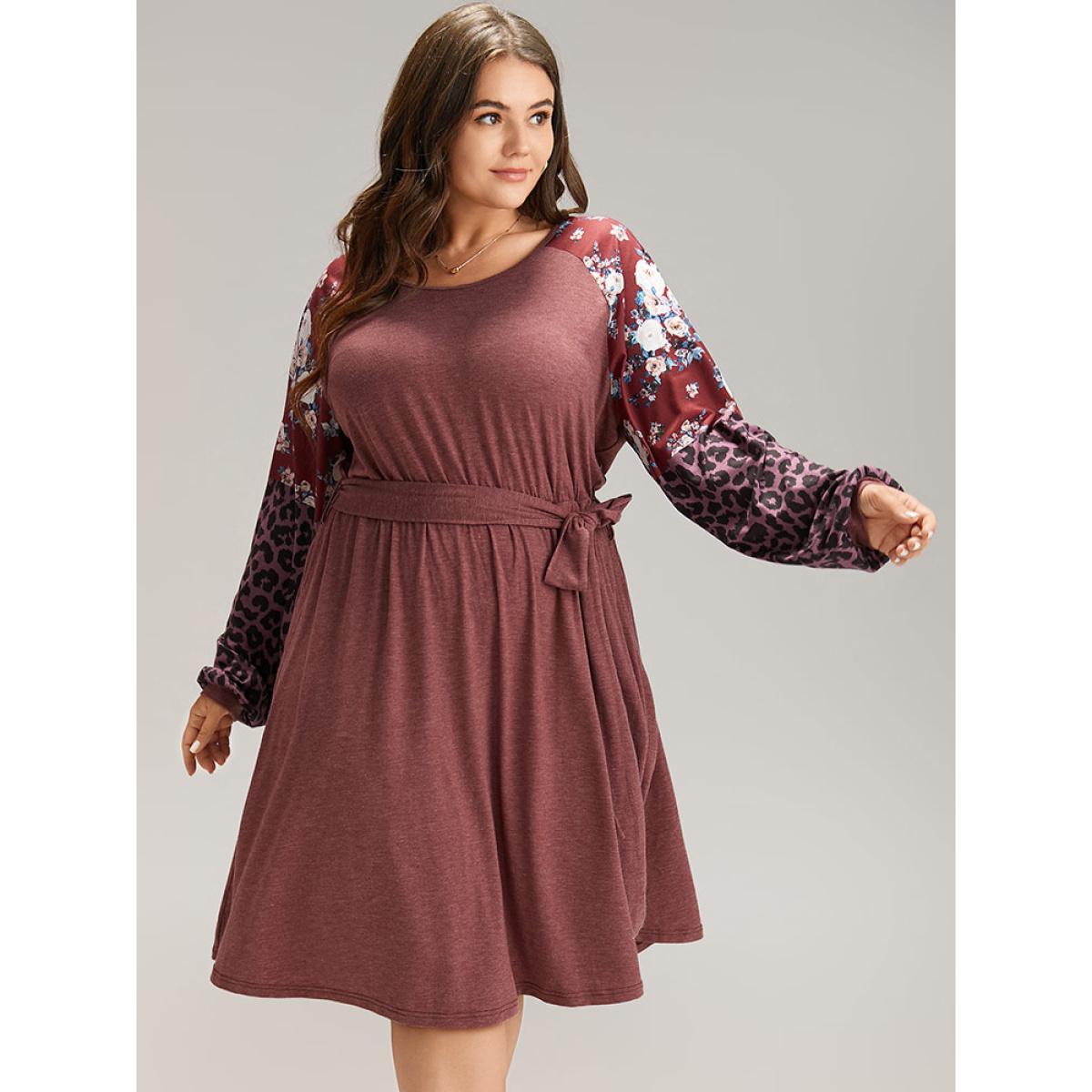 Plus Size Floral Leopard Patchwork Belted Lantern Sleeve Dress DustyPink Women Casual Belted Round Neck Long Sleeve Curvy Midi Dress BloomChic 18-20/2X Product Image