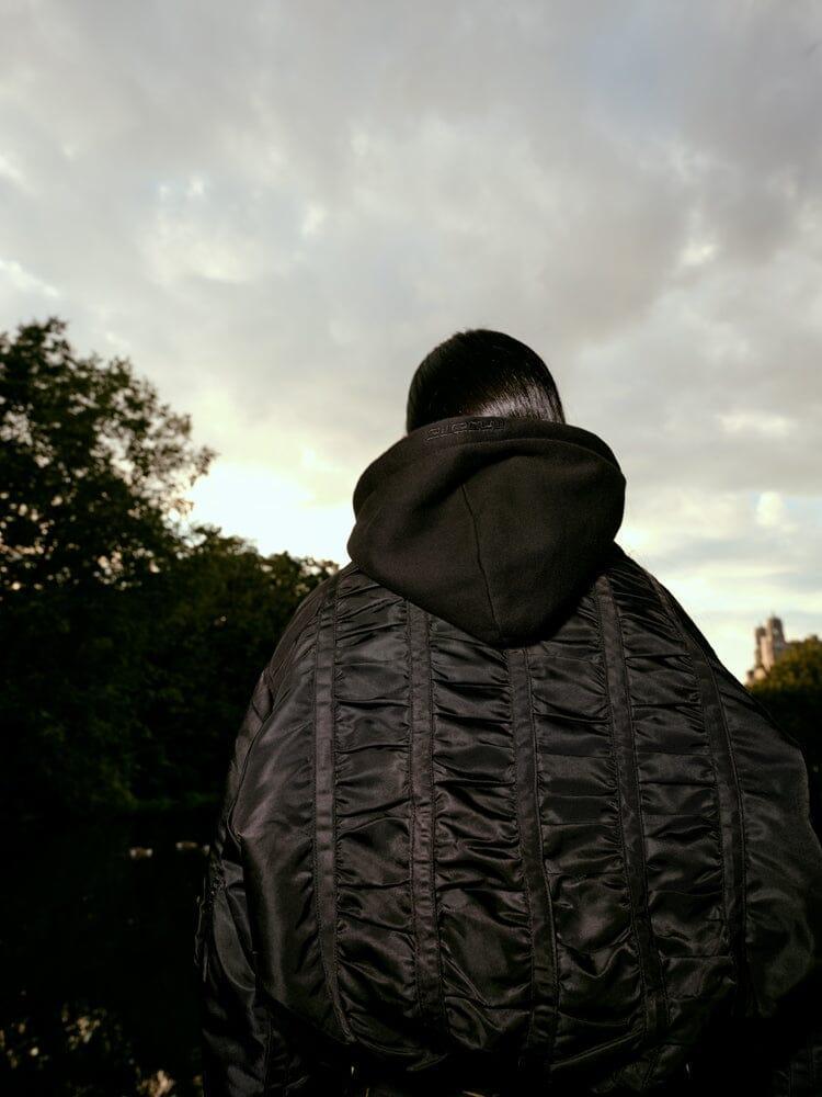 ALPHA X MADEME HOODED RUCHED MA-1 BOMBER JACKET Product Image