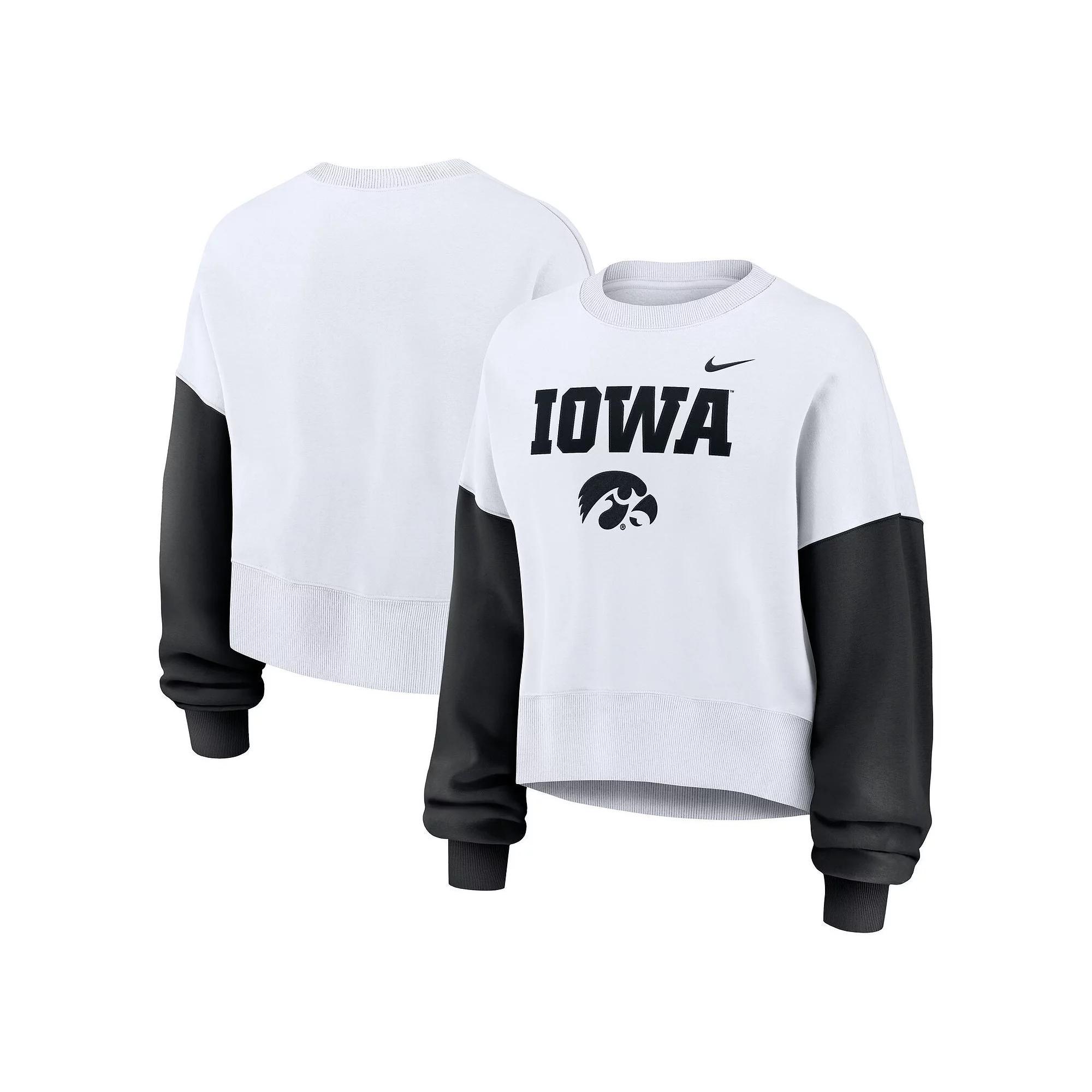 Women's Nike White Iowa Hawkeyes Color-Block Oversized Cropped Pullover Sweatshirt, Size: Large Product Image