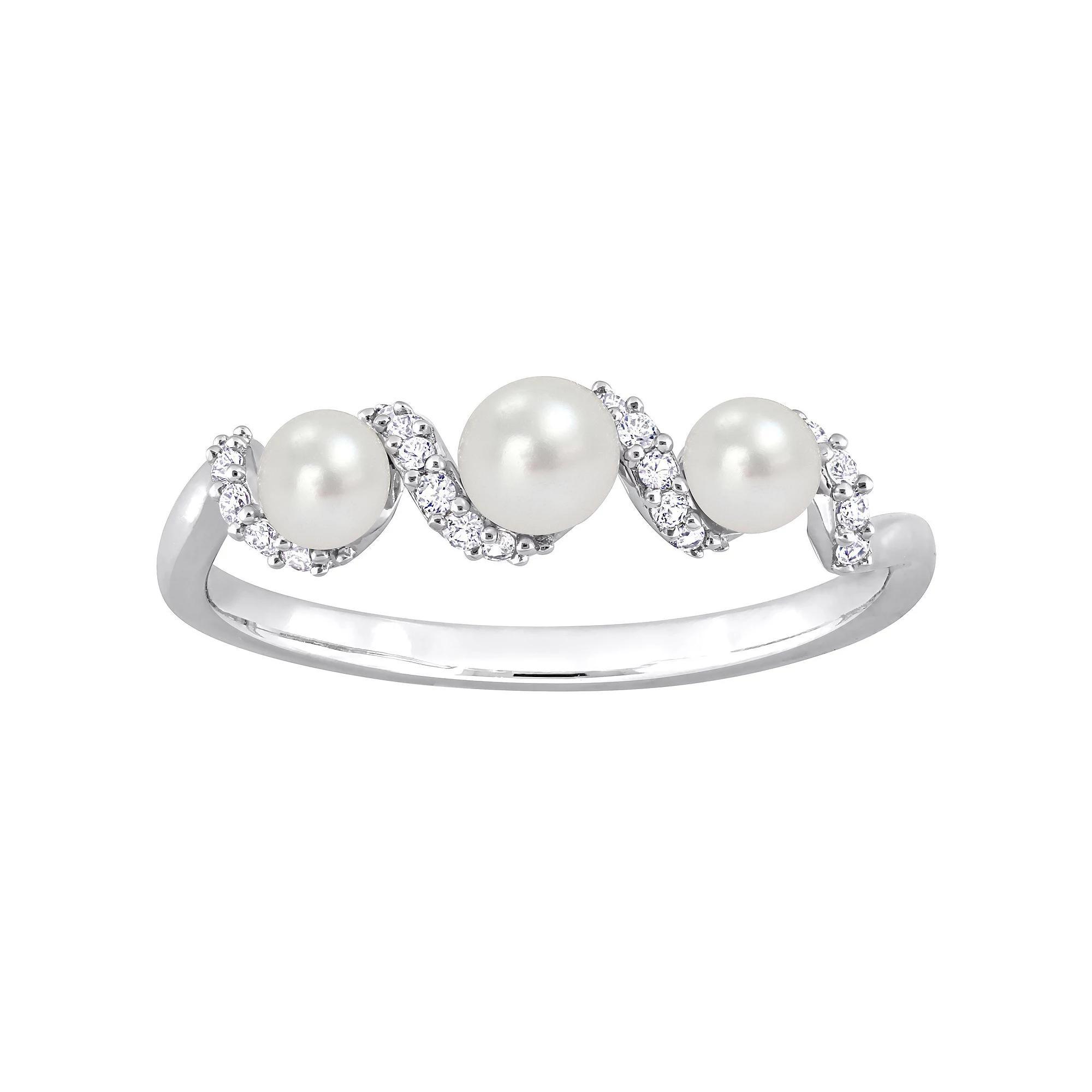Stella Grace Sterling Silver Freshwater Cultured Pearl & Lab-Created White Sapphire Swirl Wedding Ring, Women's, Size: 6 Product Image