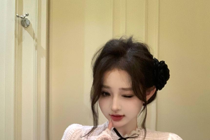 Set: Short-Sleeve Stand Collar Bow Accent Cutout Lace Slim Fit Crop Top + Long Gloves Product Image