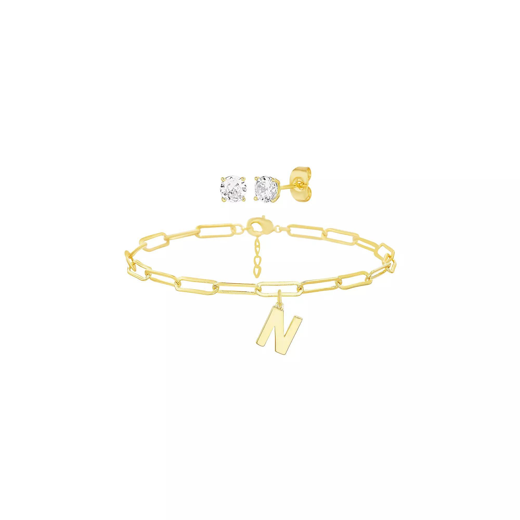 Paige Harper 14k Gold Plated Initial Charm Bracelet & Cubic Zirconia Stud Earring Set, Women's, Size: 7.5-8.5"AD, Gold Tone N Product Image