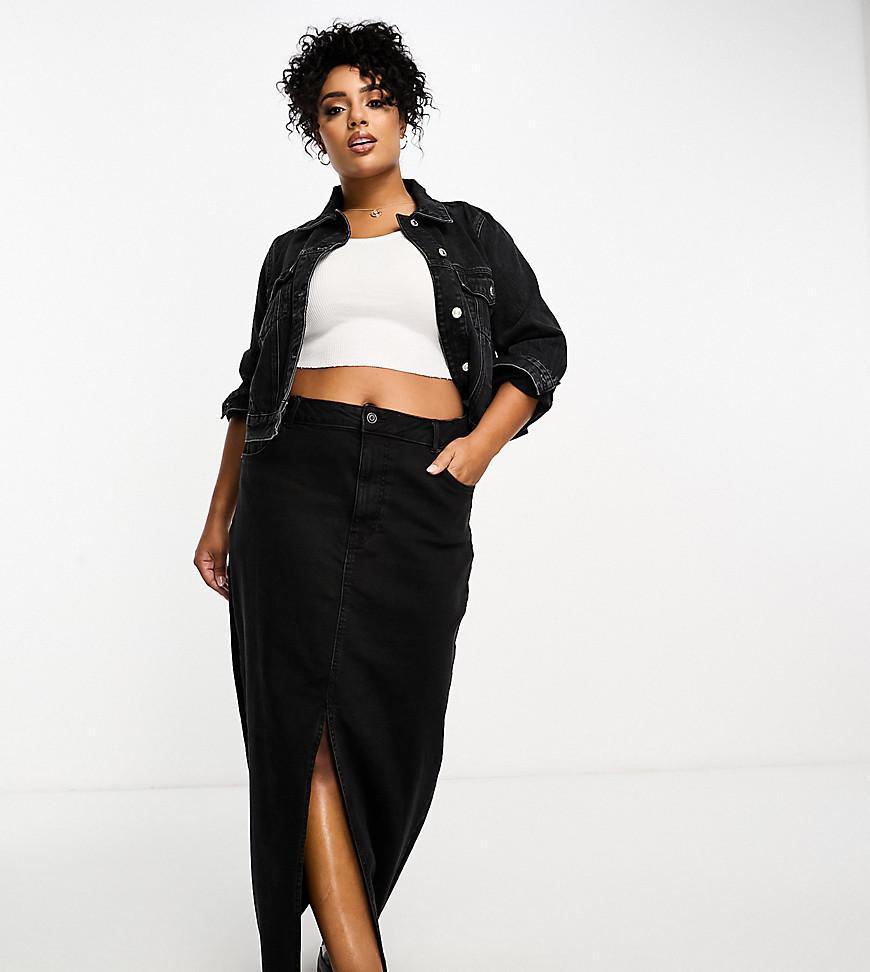 ASOS DESIGN Curve denim maxi skirt with split hem in washed black Product Image