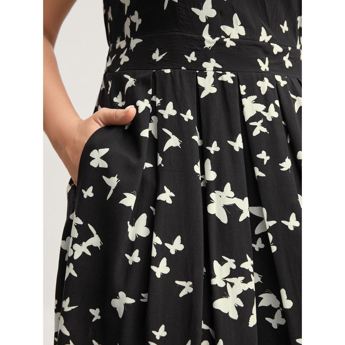 Plus Size Rayon Monochrome Butterfly Stretchy Midi Dress BlackFlower Women Boat Neck Cap Sleeve Curvy BloomChic 12/L Product Image
