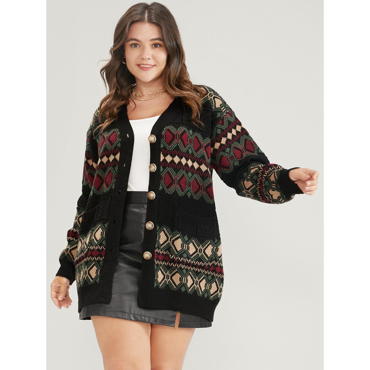 Plus Size Geometric Contrast Pointelle Knit Pocket Jacquard Button Front Cardigan Multicolor Women Casual Loose Long Sleeve Dailywear Cardigans BloomChic 10/M Product Image