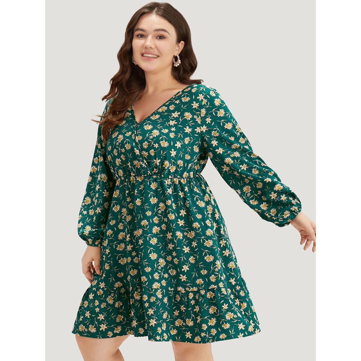 Plus Size Floral Print Surplice Neck Elastic Cuffs Dress Teal Women Elegant Elastic cuffs V-neck Long Sleeve Curvy Midi Dress BloomChic 30/6X Product Image