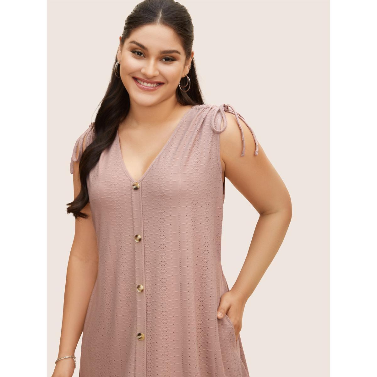 Plus Size V Neck Button Detail Sleeveless Drawstring Dress Dirtypink Women Casual Texture V-neck Sleeveless Curvy BloomChic 26/4X Product Image