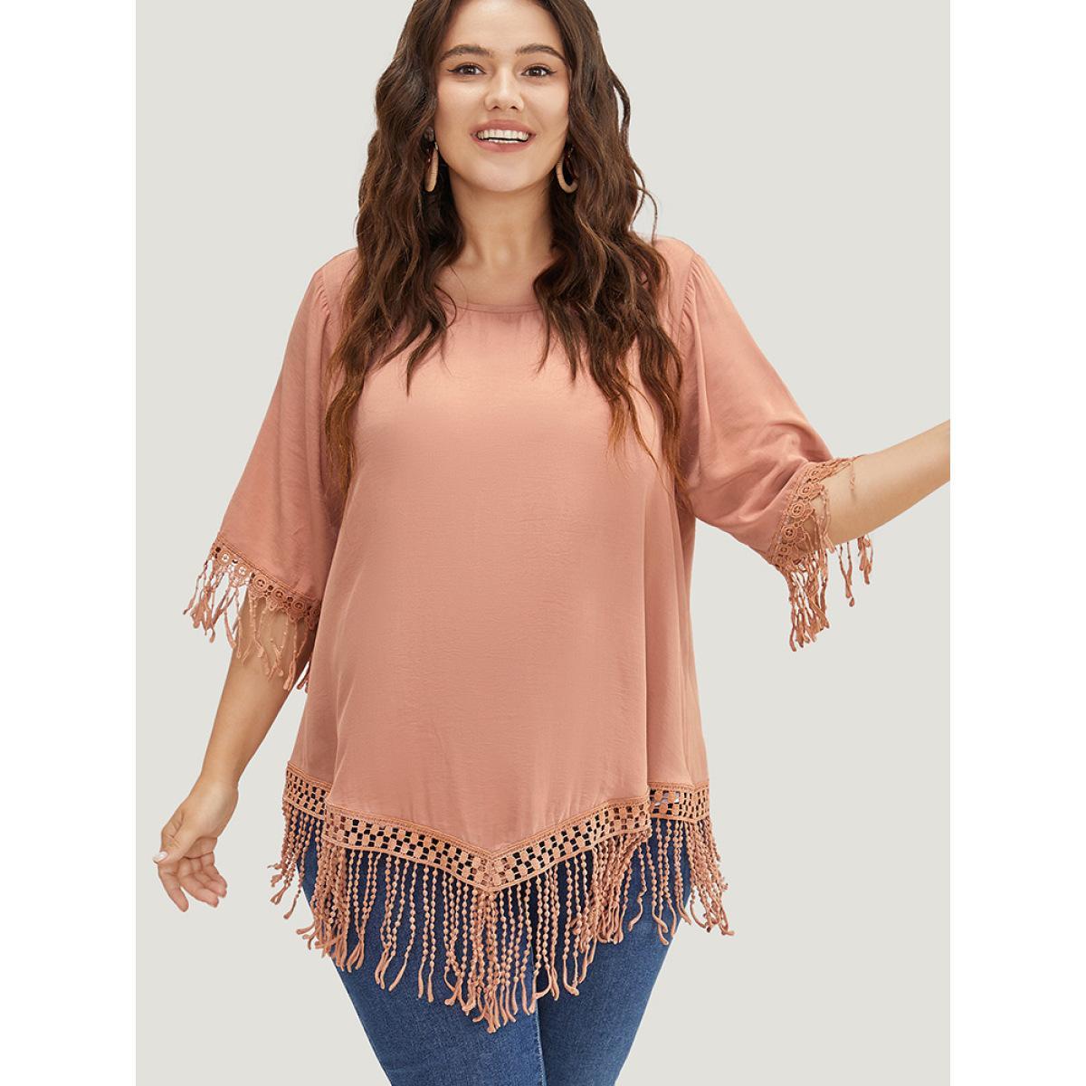 Plus Size Coral Plain Round Neck Asymmetrical Lace Fringe Hem Blouse Women Vacation Elbow-length sleeve Round Neck Dailywear Blouses BloomChic 12/L Product Image
