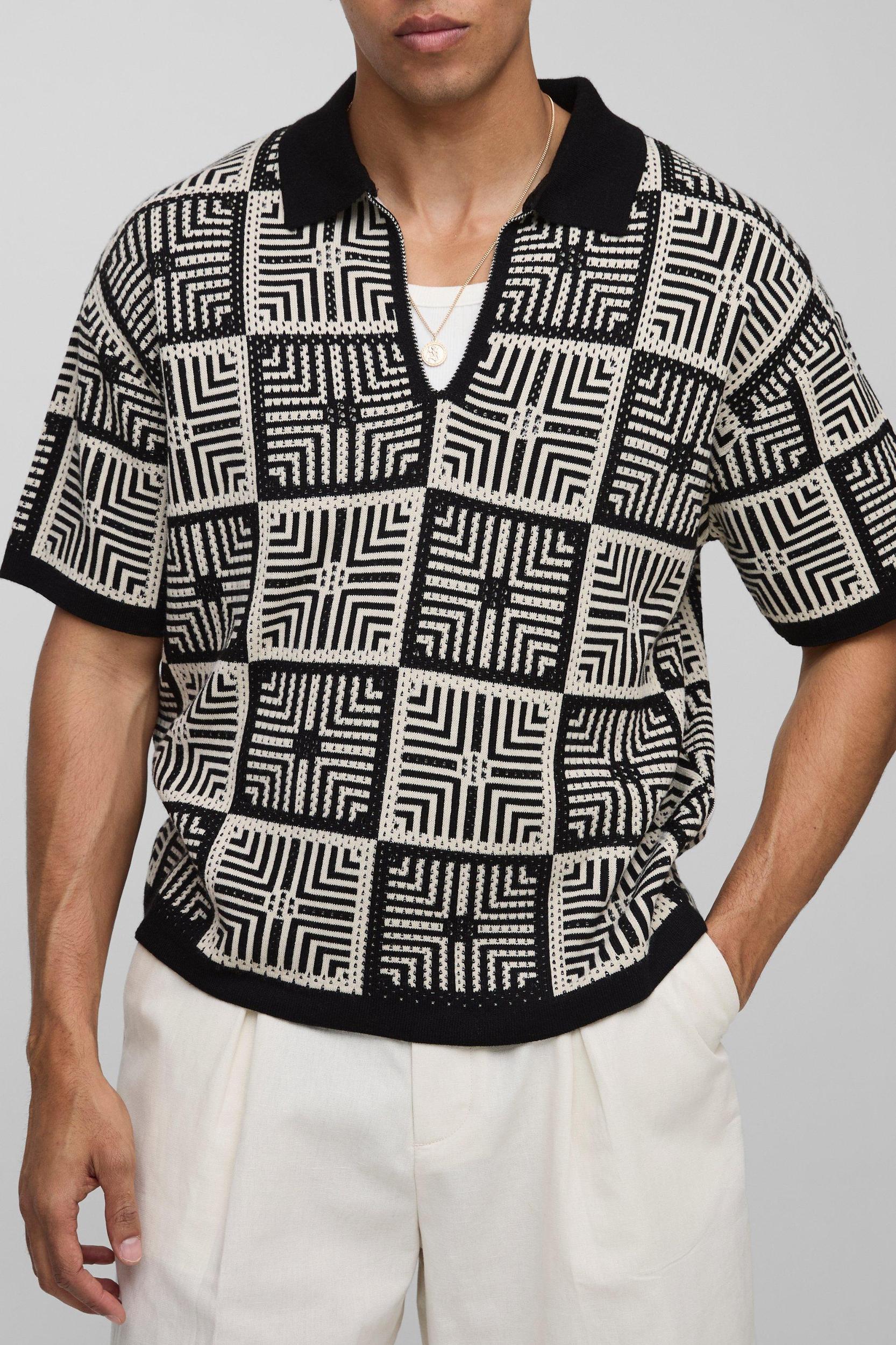 Oversized Boxy Crochet Look V Neck Collar Knitted Polo | boohooMAN USA Product Image