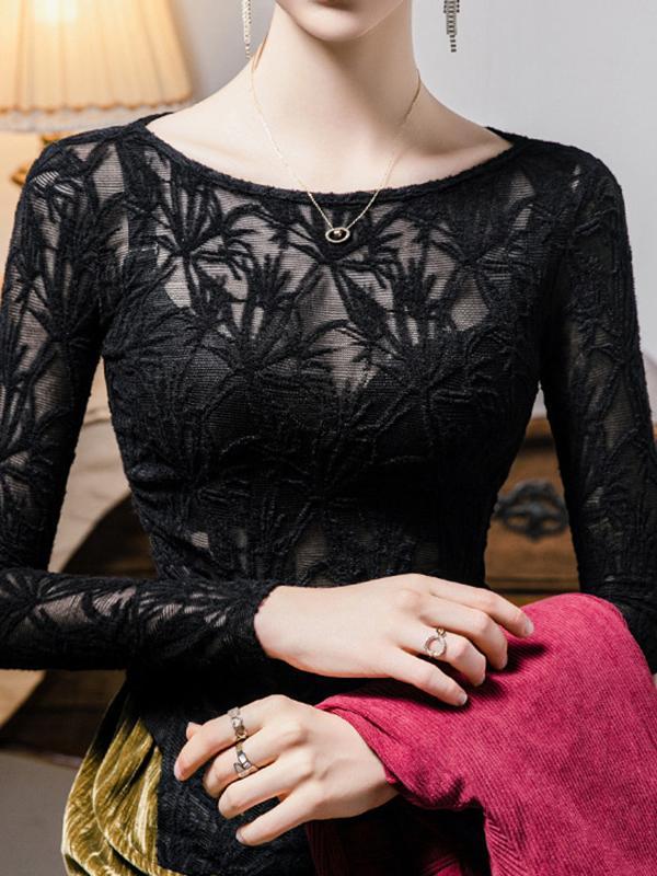 Long Sleeves Plus Size Hollow See-Through Solid Color Split-Side Round-Neck T-Shirts Tops Product Image