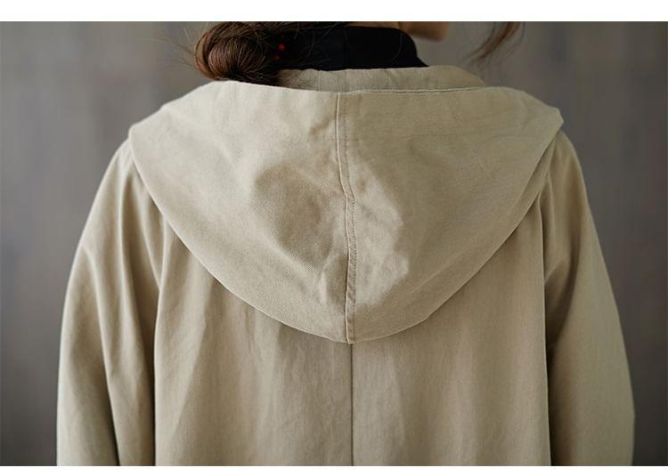 Plain Hooded Button-Up Long Trench Coat Product Image