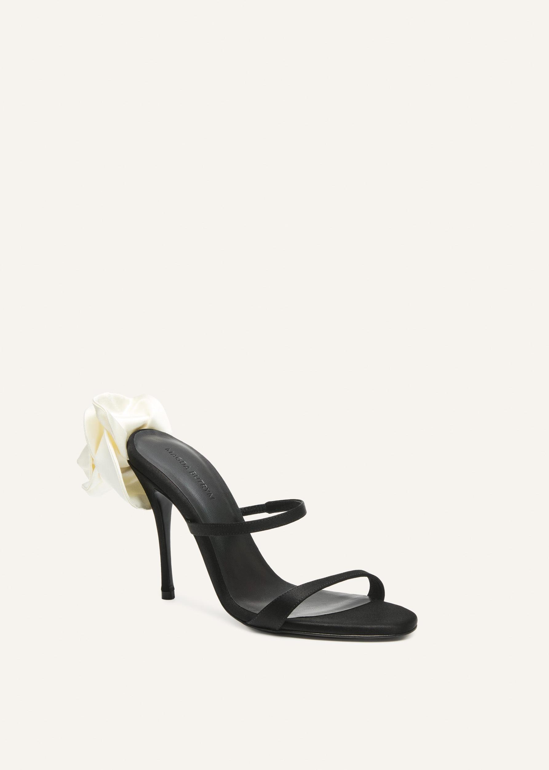 Flower heel leather sandals in black satin Product Image