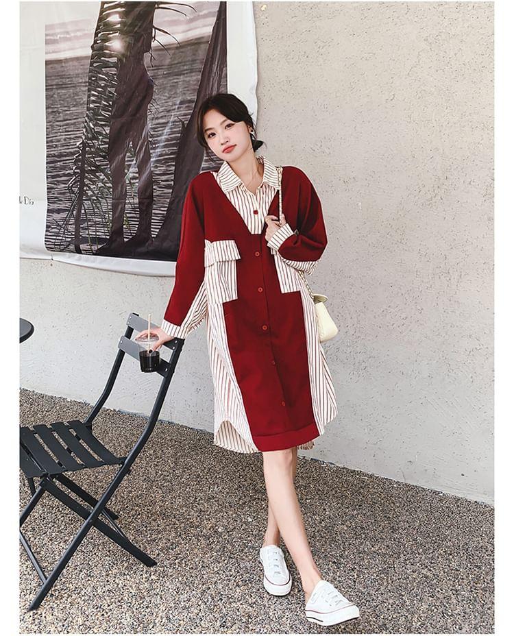 Long-Sleeve Striped Panel Midi Shirt Dress Product Image