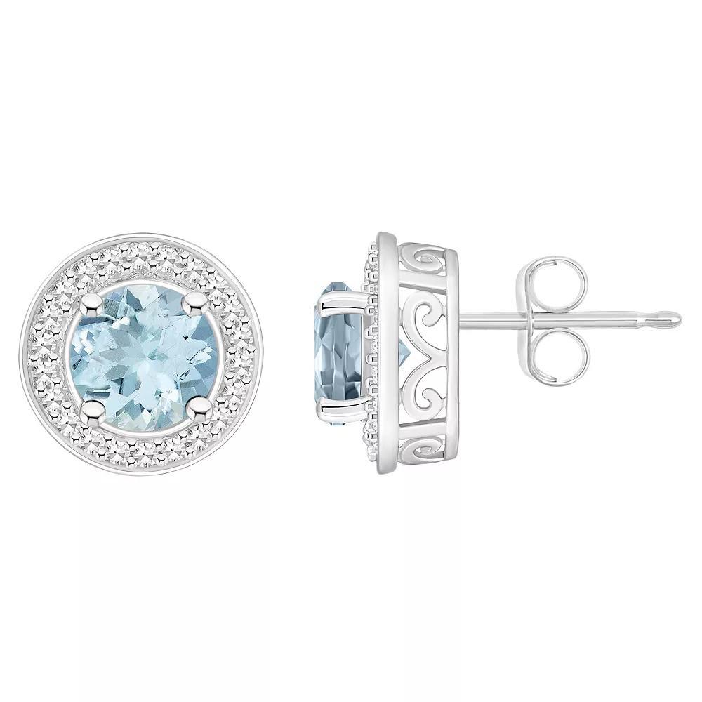 Celebration Gems Sterling Silver Round Gemstone & 1/5 Carat T.W. Diamond Halo Stud Earrings, Women's, Aquamarine Product Image