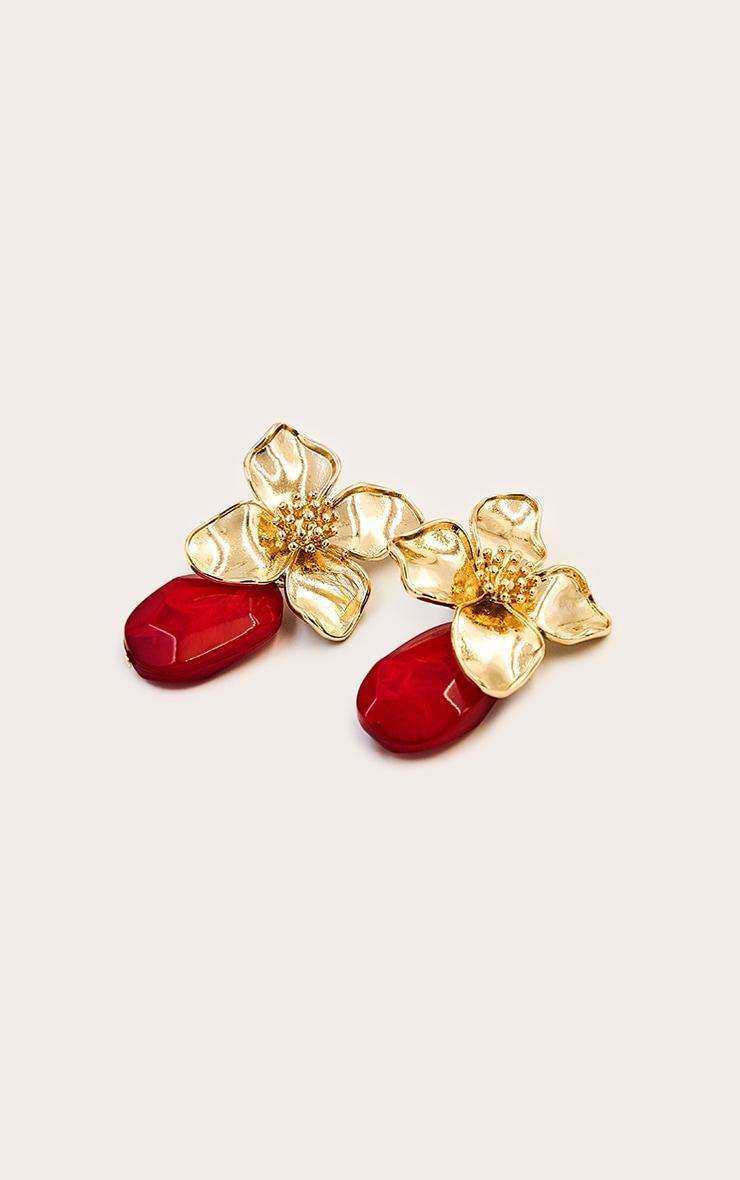 Gold Floral Earrings with Red Crystal Detail Product Image