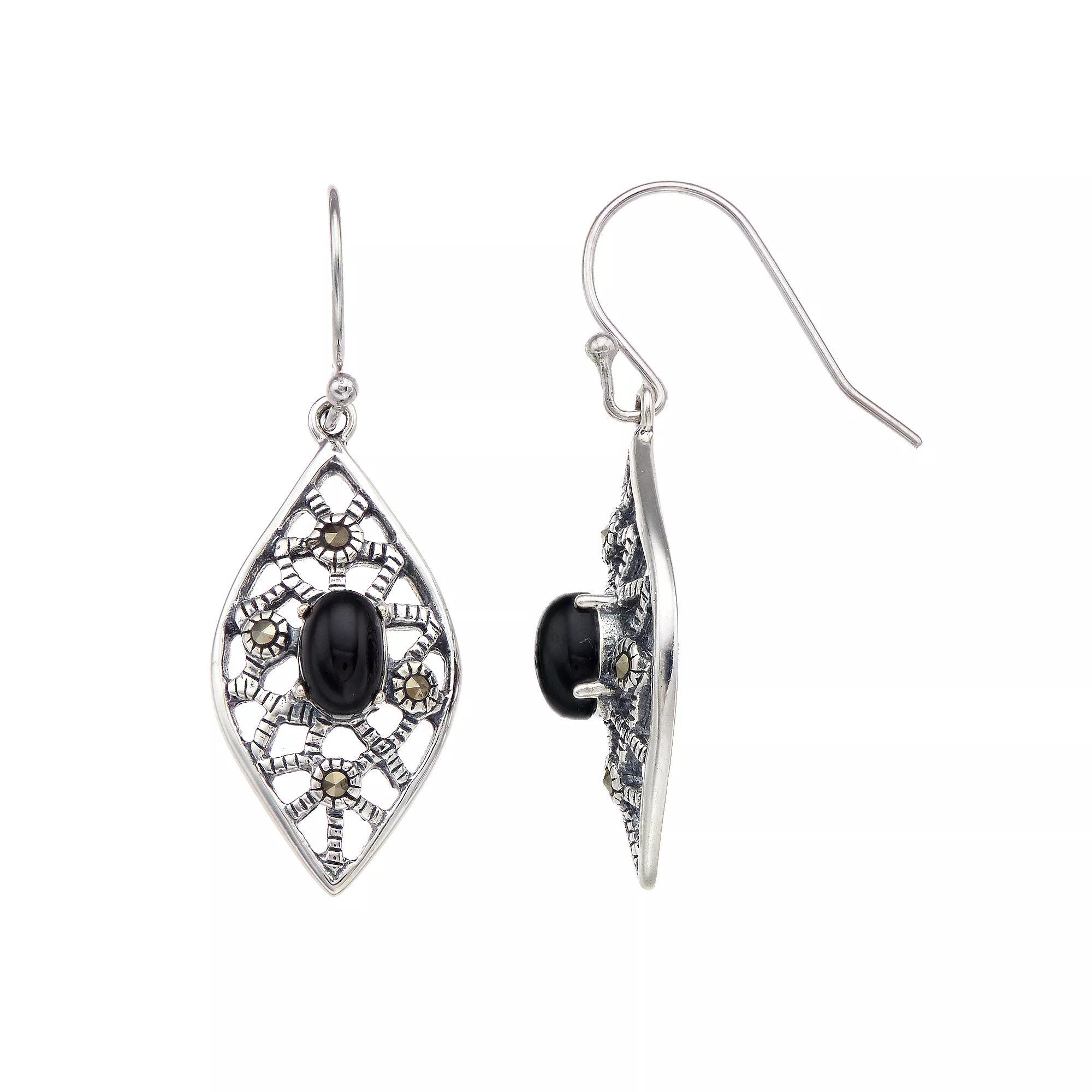 Tori Hill Marcasite & Onyx Filigree Marquise Drop Earrings, Women's, Silvertone Product Image