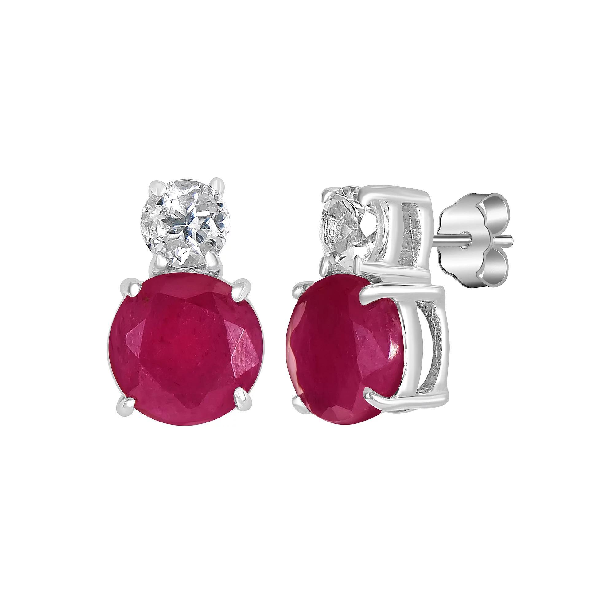 Gemistry 14k White Gold White Topaz & Round Gemstone Stack Stud Earrings, Women's, Red Product Image