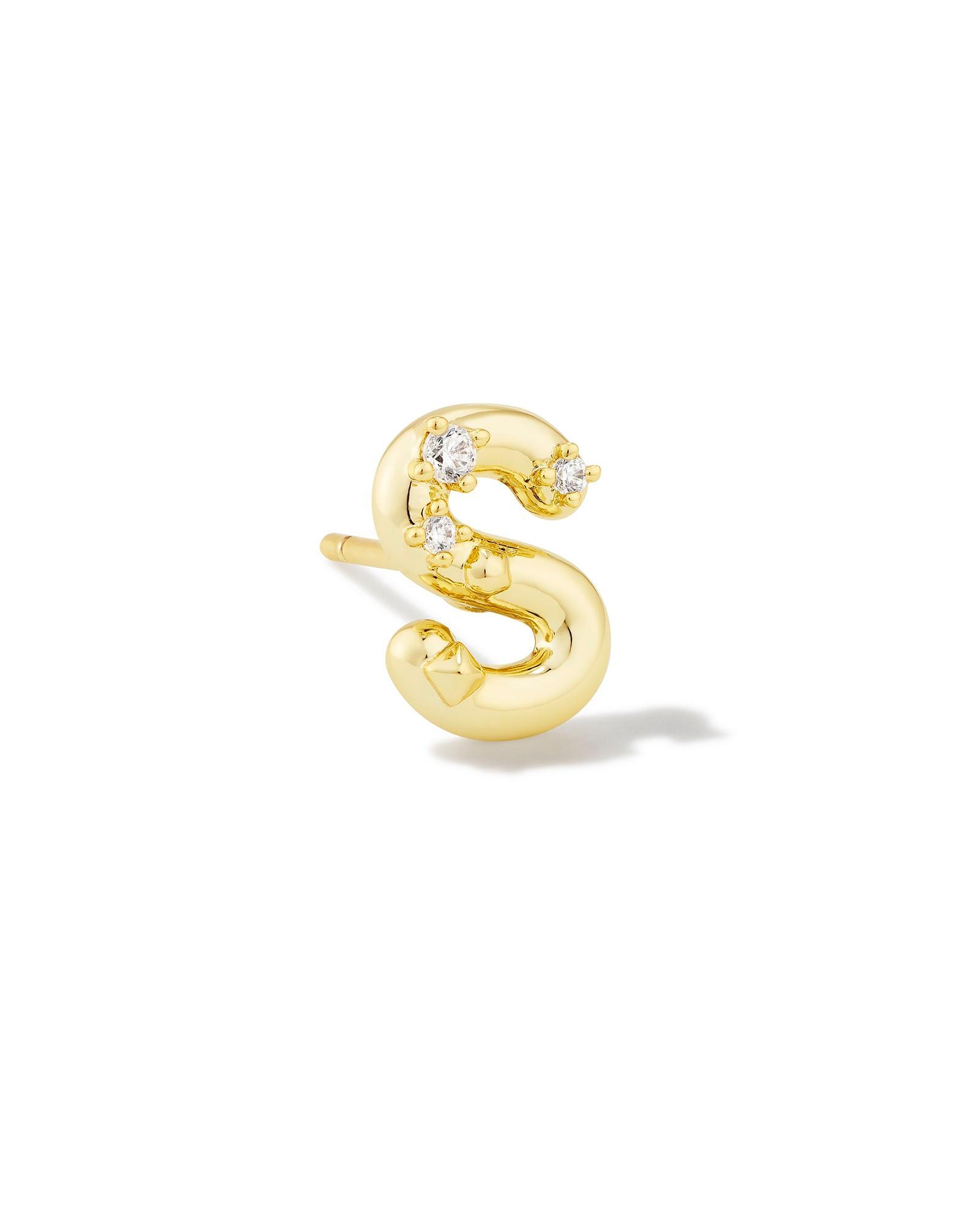 Crystal Letter E Gold Single Stud Earring in White Crystal Product Image