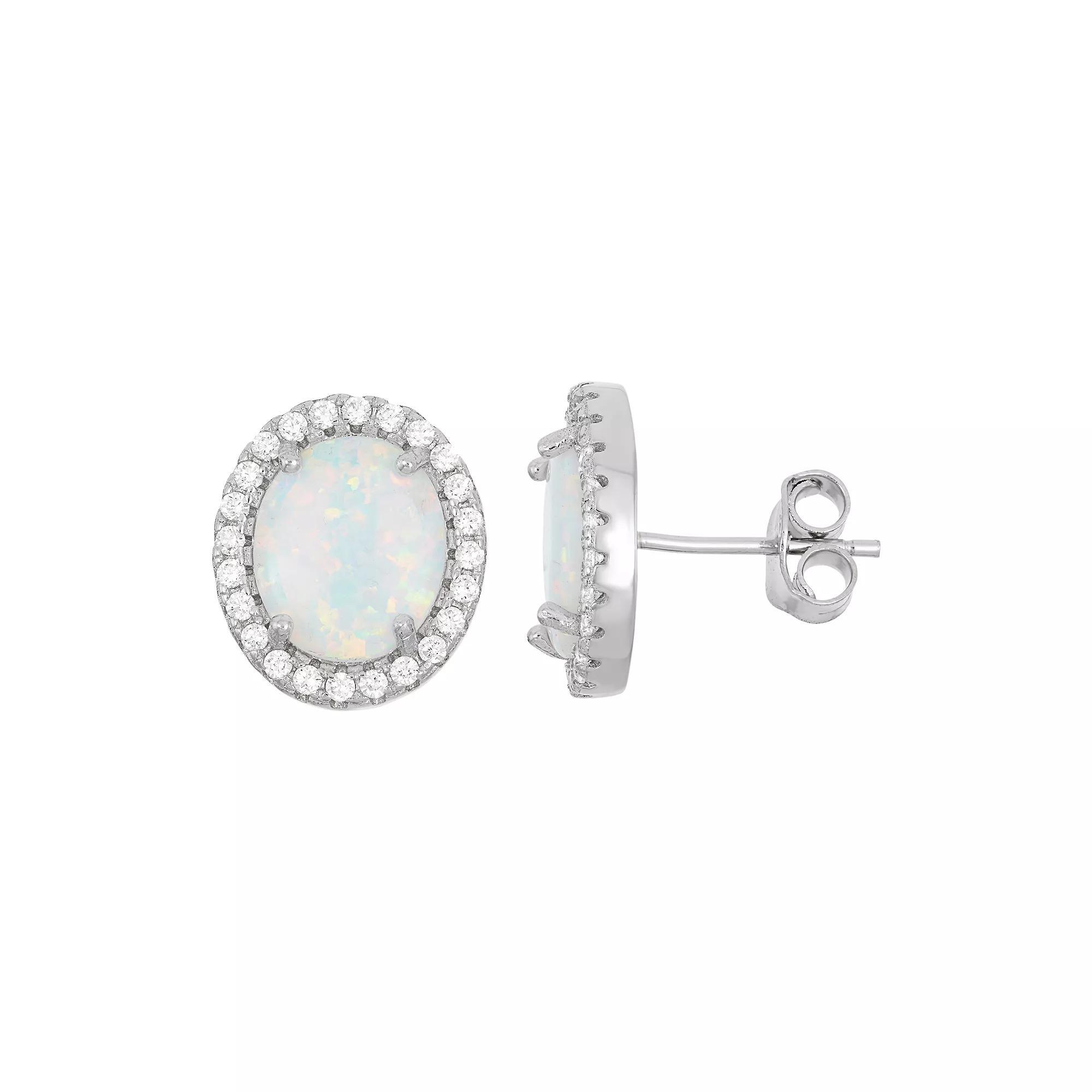 Lab-Created Opal & Cubic Zirconia Sterling Silver Oval Halo Stud Earrings, Women's, White Product Image