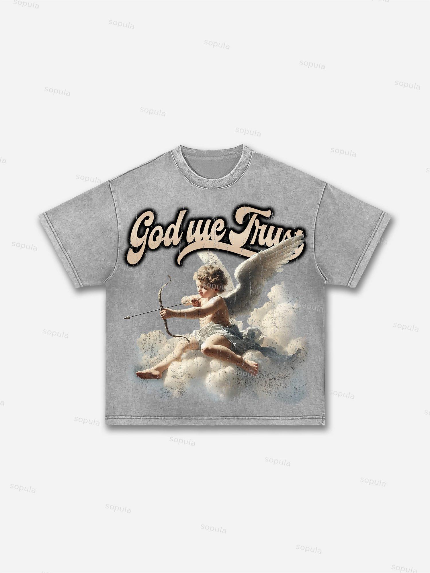 God We Trust Cupid Angel Aged Vintage Graphic Washed T-shirt Product Image