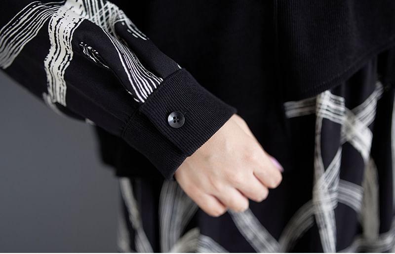 Long-Sleeve Stand Collar Mock Two-Piece Print Frill Trim Midi Tunic Dress Product Image