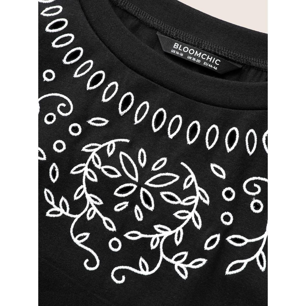 Plus Size Floral Embroidered Round Neck T-shirt Black Women Elegant Embroidered Round Neck Everyday T-shirts BloomChic 12/L Product Image