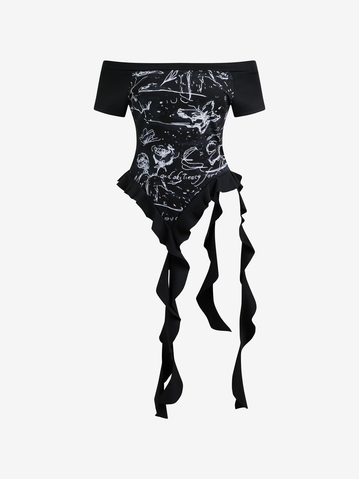 Printed Irregular Ribbon Scoop Neck T-Shirt Product Image