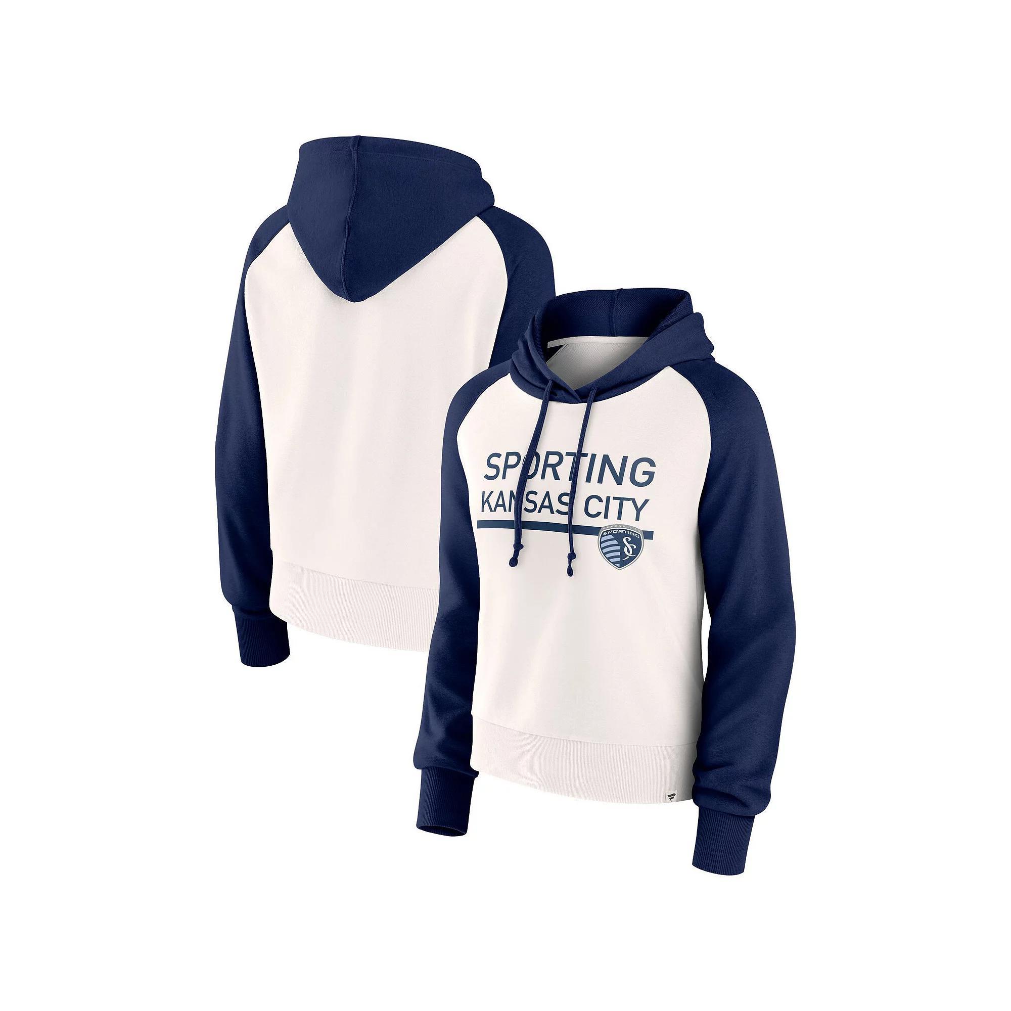 Women's Fanatics Branded White Sporting Kansas City Free Kick Fleece Raglan Pullover Hoodie, Size: 2XL, Blue Product Image