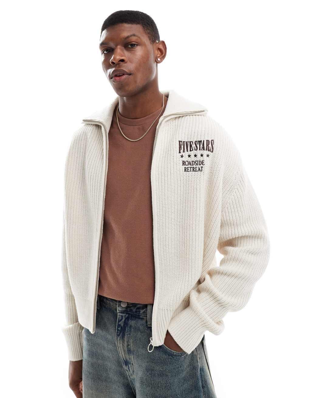 Bershka knitted zip through sweater in ecru  Product Image
