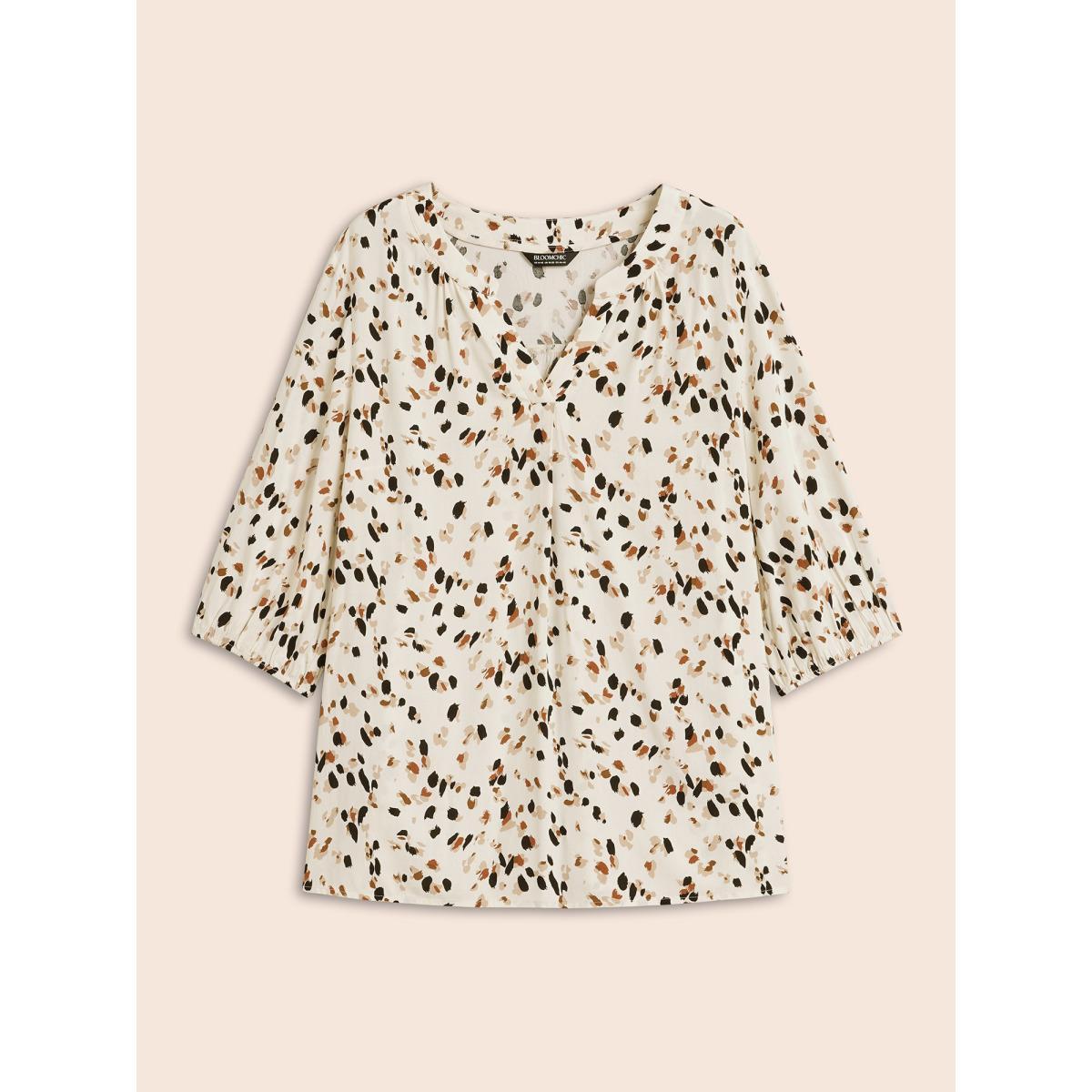 Plus Size Apricot Allover Print Notched Lantern Sleeve Blouse Women Elegant Half Sleeve V-neck Dailywear Blouses BloomChic 10/M Product Image