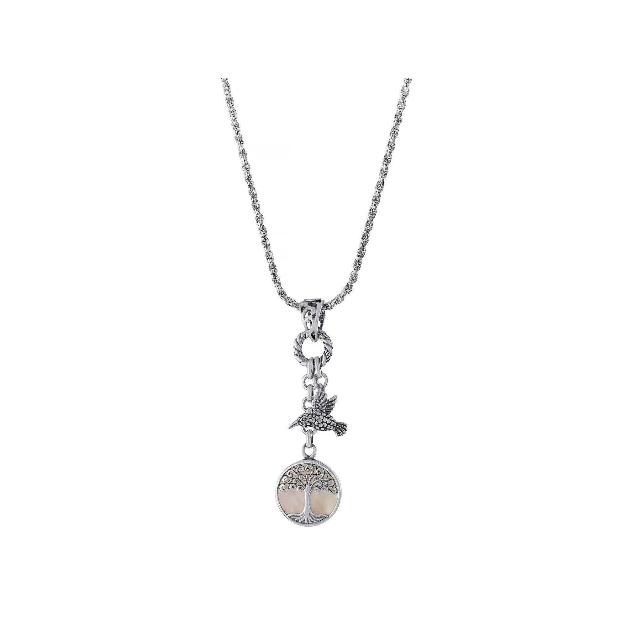 Athra NJ Inc Sterling Silver Oxidized Mother Of Pearl Tree Of Life & Bird Pendant Drop Necklace, Women's, Size: 18" Product Image