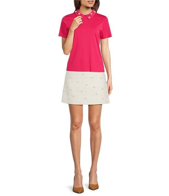 KARL LAGERFELD PARIS Pearl Flower Embellished Point Collar Short Sleeve Polo Product Image