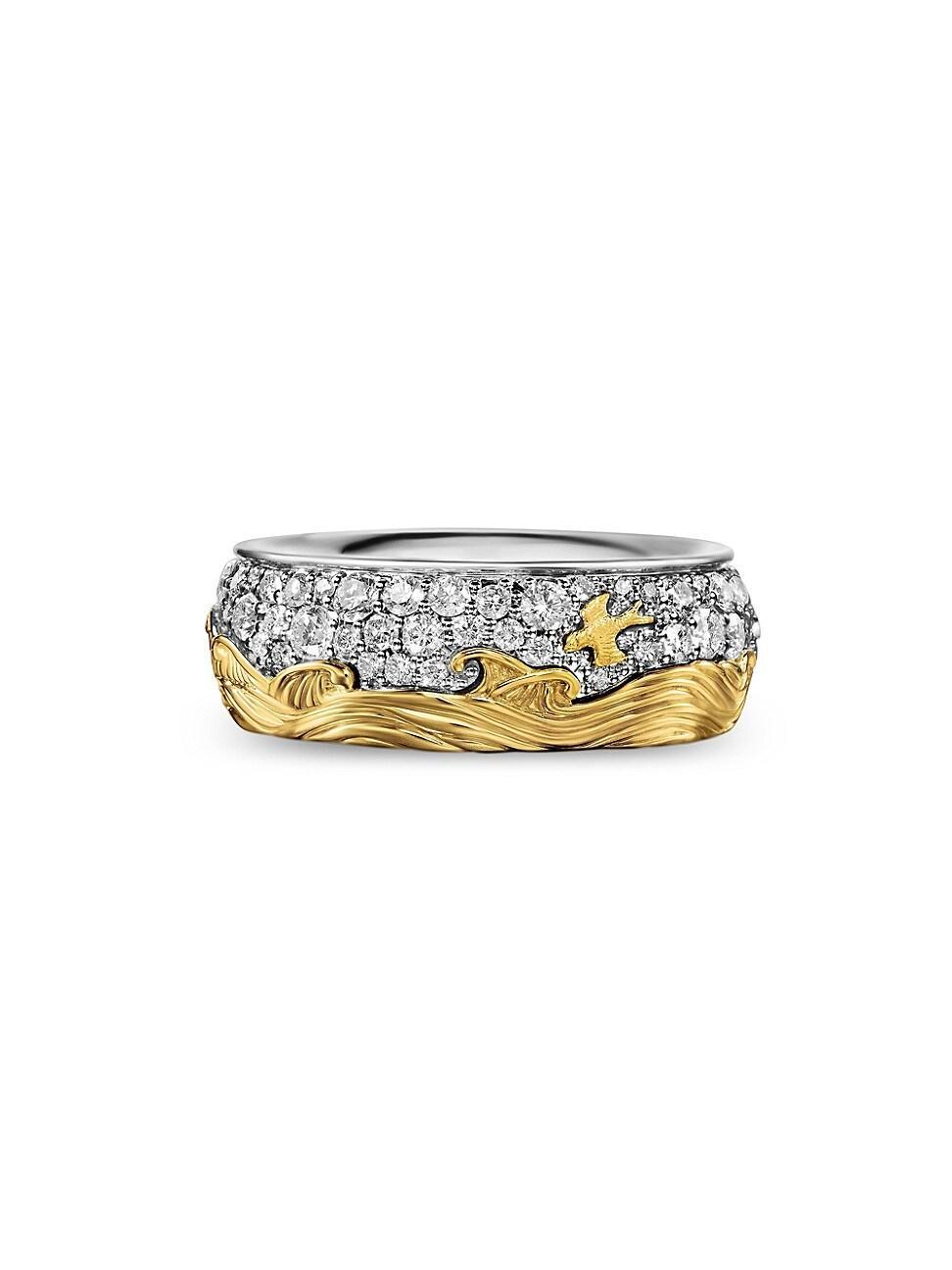 David Yurman Mens Waves Band Ring in Sterling Silver with 18K Yellow Gold with Diamonds, 8.7mm Product Image
