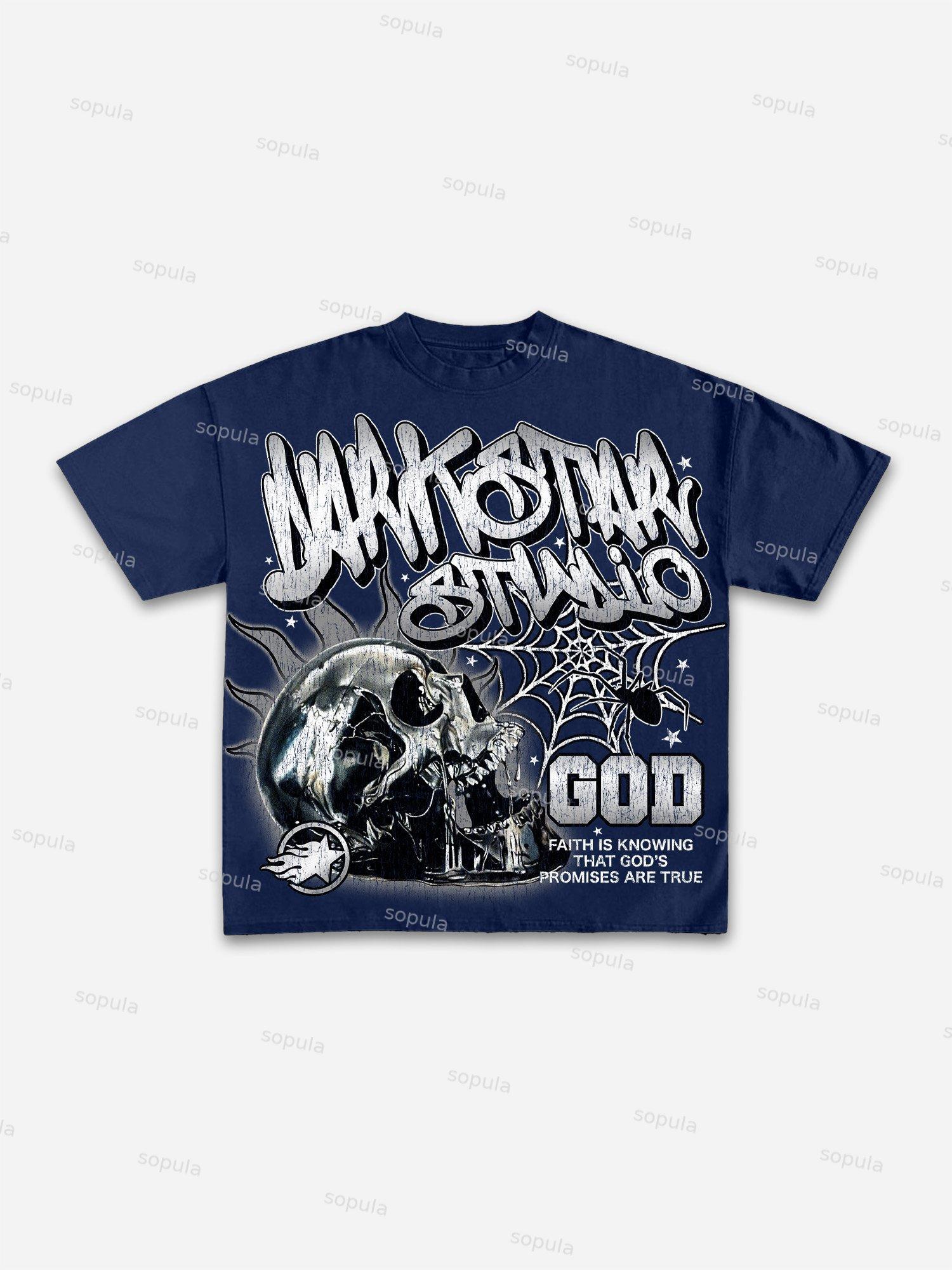Darkstar-God's Skull Print Pattern Cotton T-Shirt Product Image
