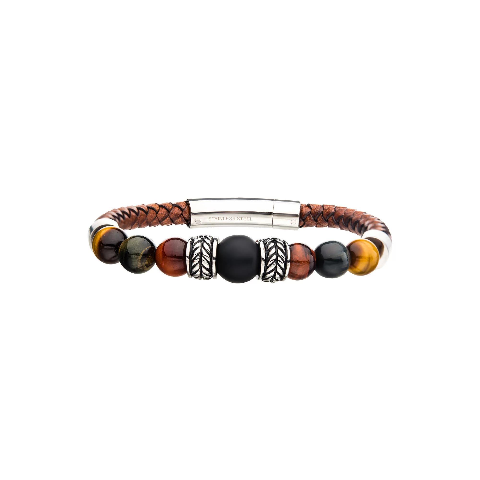 Mens Leather Tiger Eye & Onyx Beaded Bracelet Silver Tone Product Image