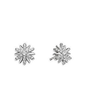 Womens Petite Starburst Stud Earrings in Sterling Silver with Diamonds, 10mm Product Image