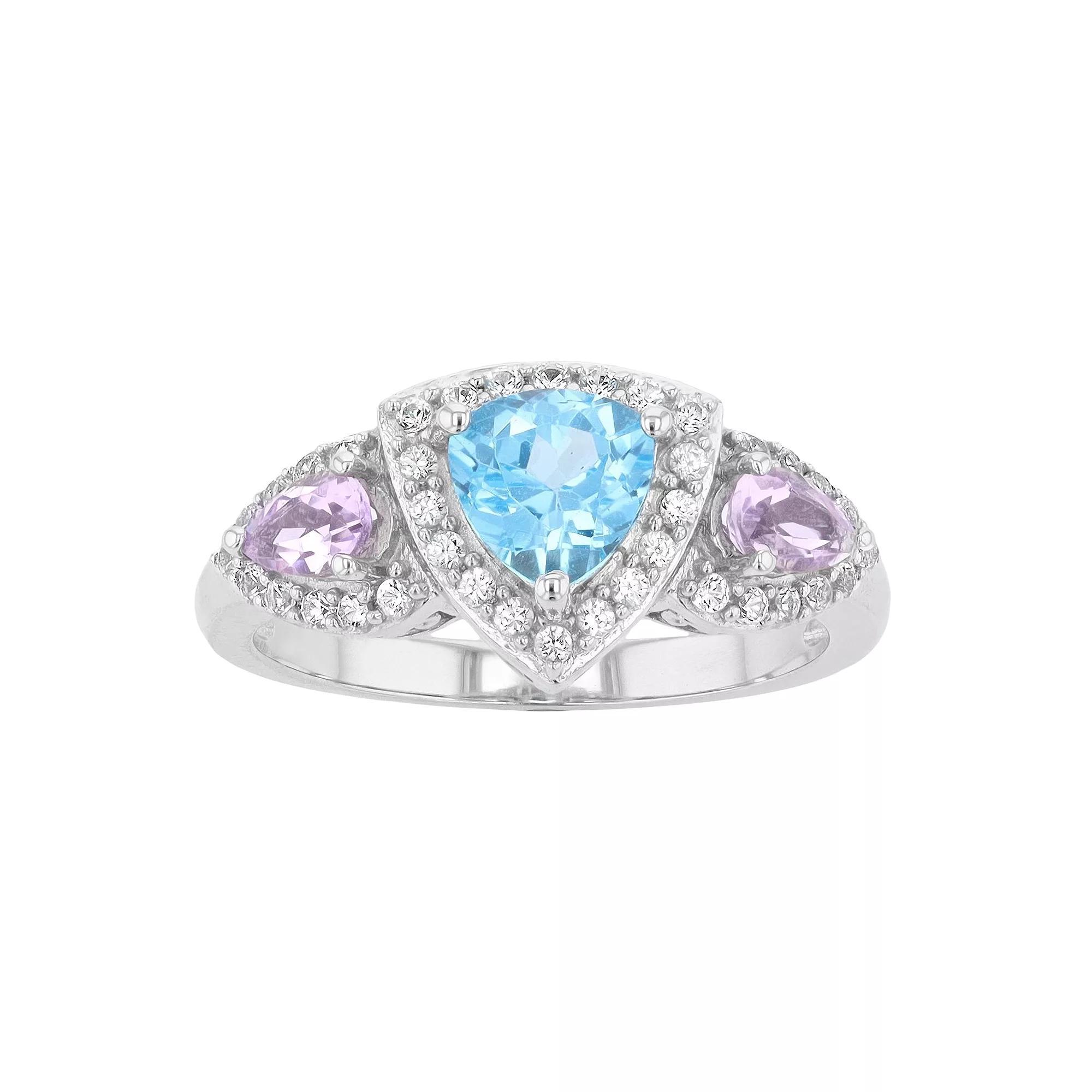 Sterling Silver Swiss Blue Topaz, Rose de France Amethyst & Lab-Created White Sapphire Ring, Women's, Size: 7 Product Image