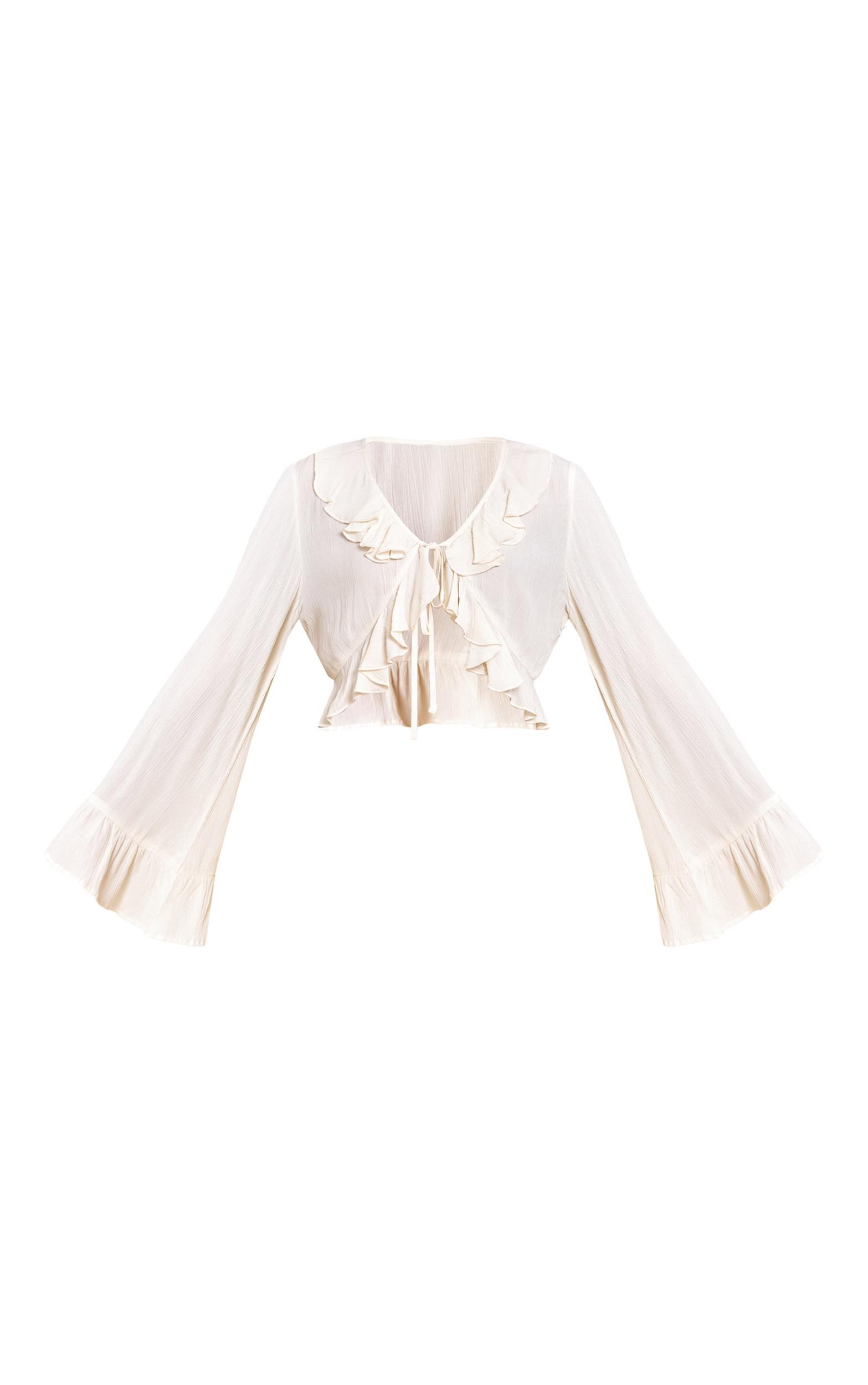  Butter Yellow Cheesecloth Ruffle Tie Front Long Sleeve Top Product Image