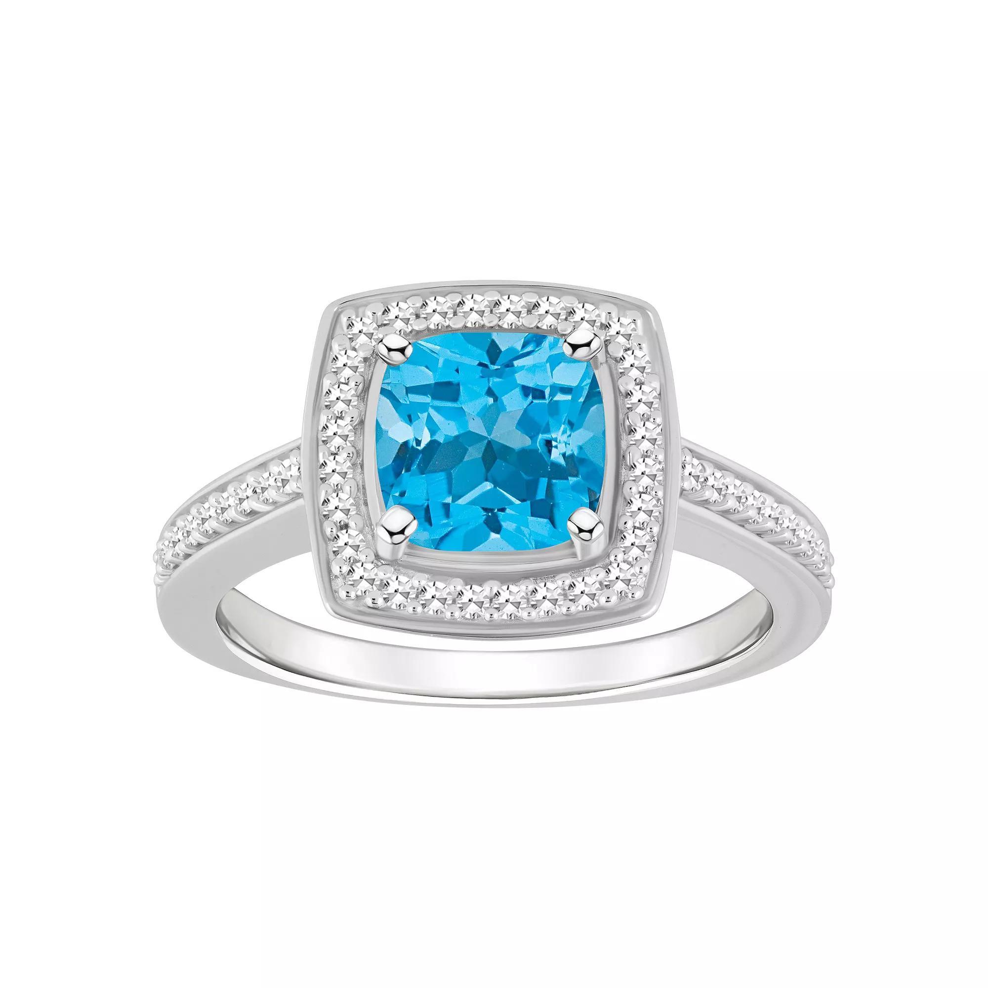 Celebration Gems Sterling Silver 7 mm Cushion Gemstone & 1/4 Carat T.W. Diamond Halo Ring, Women's, Size: 6, Blue Topaz Product Image